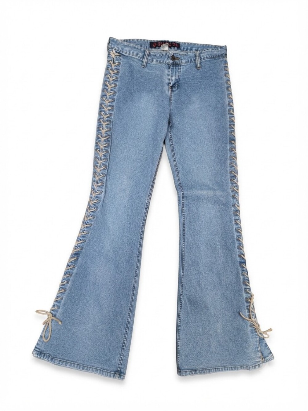 Vintage Y2K Mudd Yo! Lace Up Flare Jeans Blue Denim Side Tie Size 11 / 32 Inseam